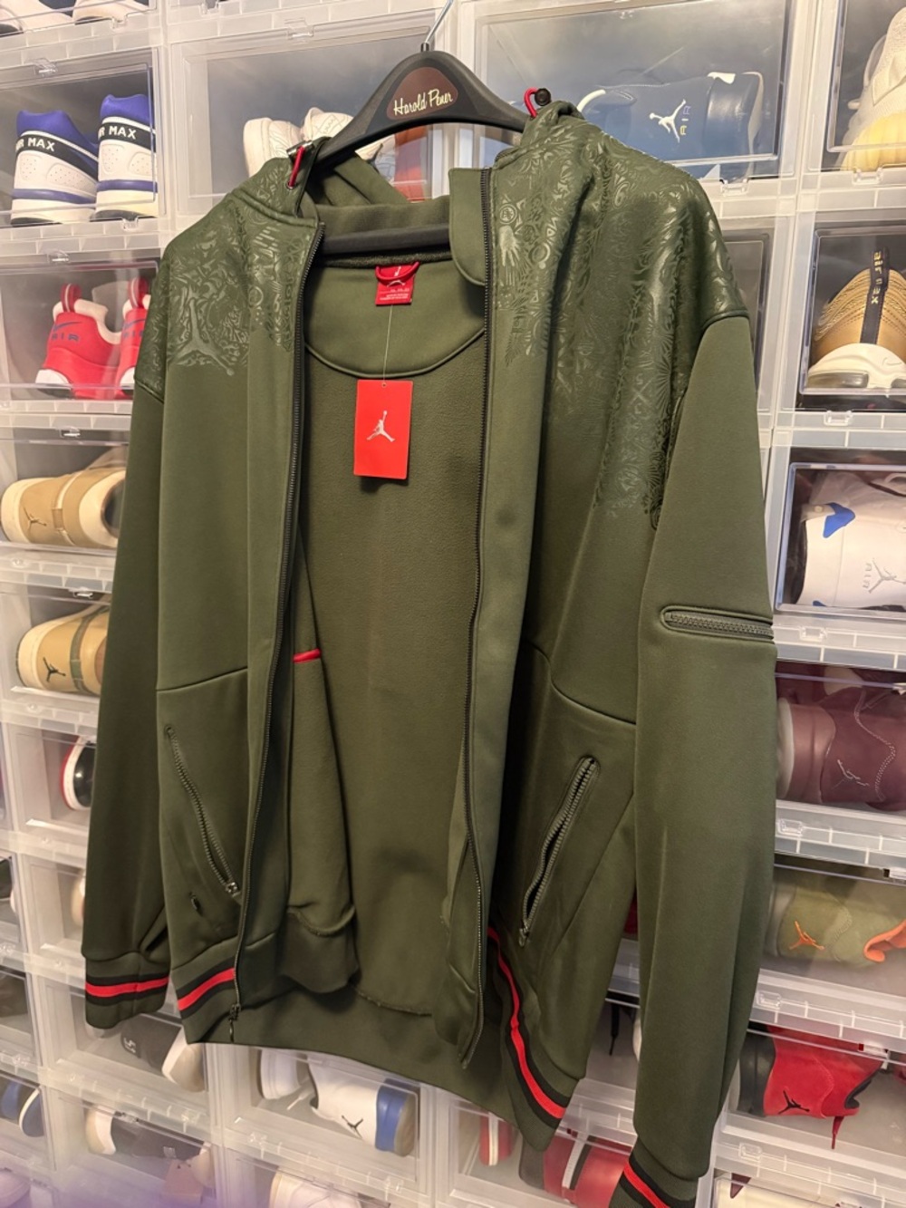 Jordan Olive Green Hooded Track Jacket with Red Trim
